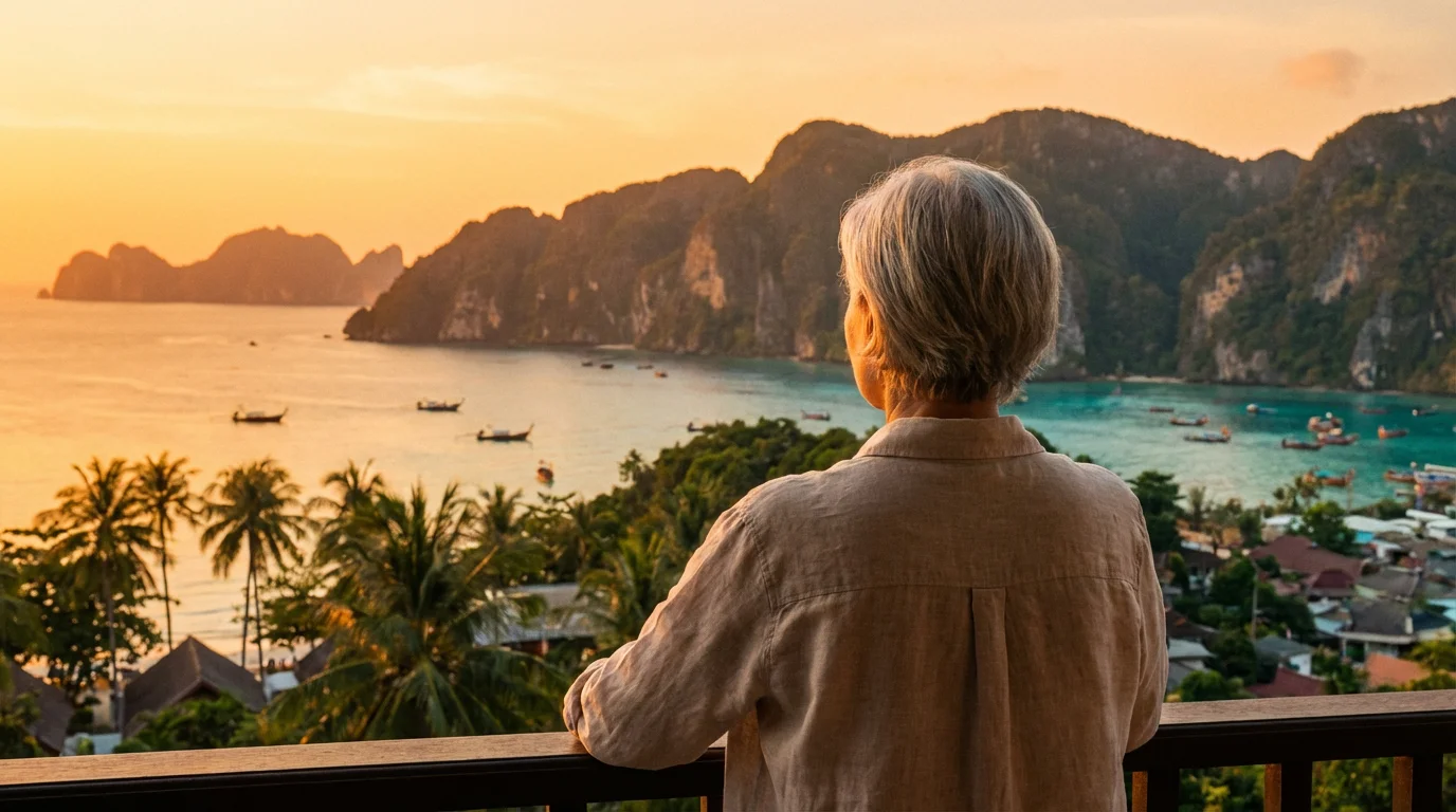 A woman watches the golden hour sunset over a beautiful Thai beach from a balcony.