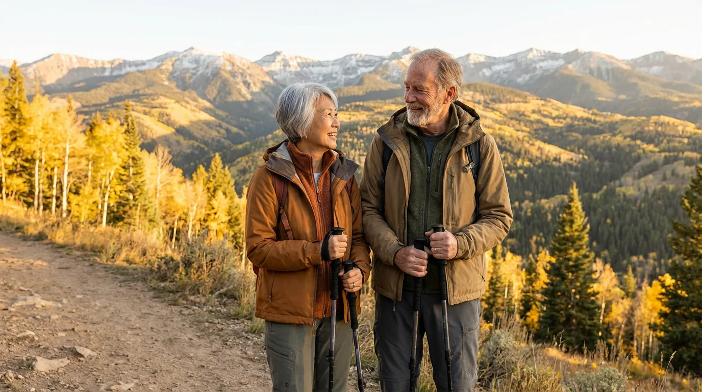 Active senior couple hiking a scenic Colorado mountain trail at golden hour in autumn.