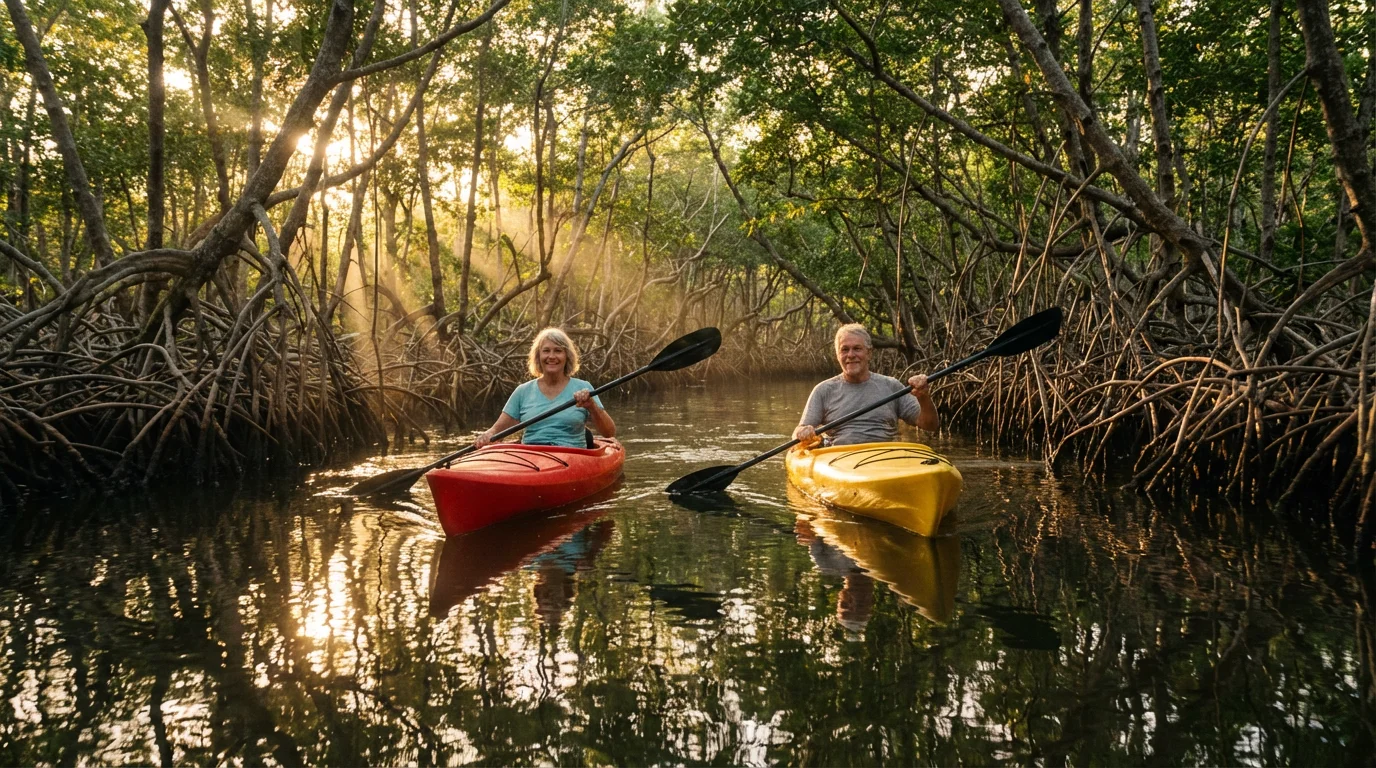 Active senior couple kayaking through a sunlit Florida mangrove tunnel in the late afternoon.