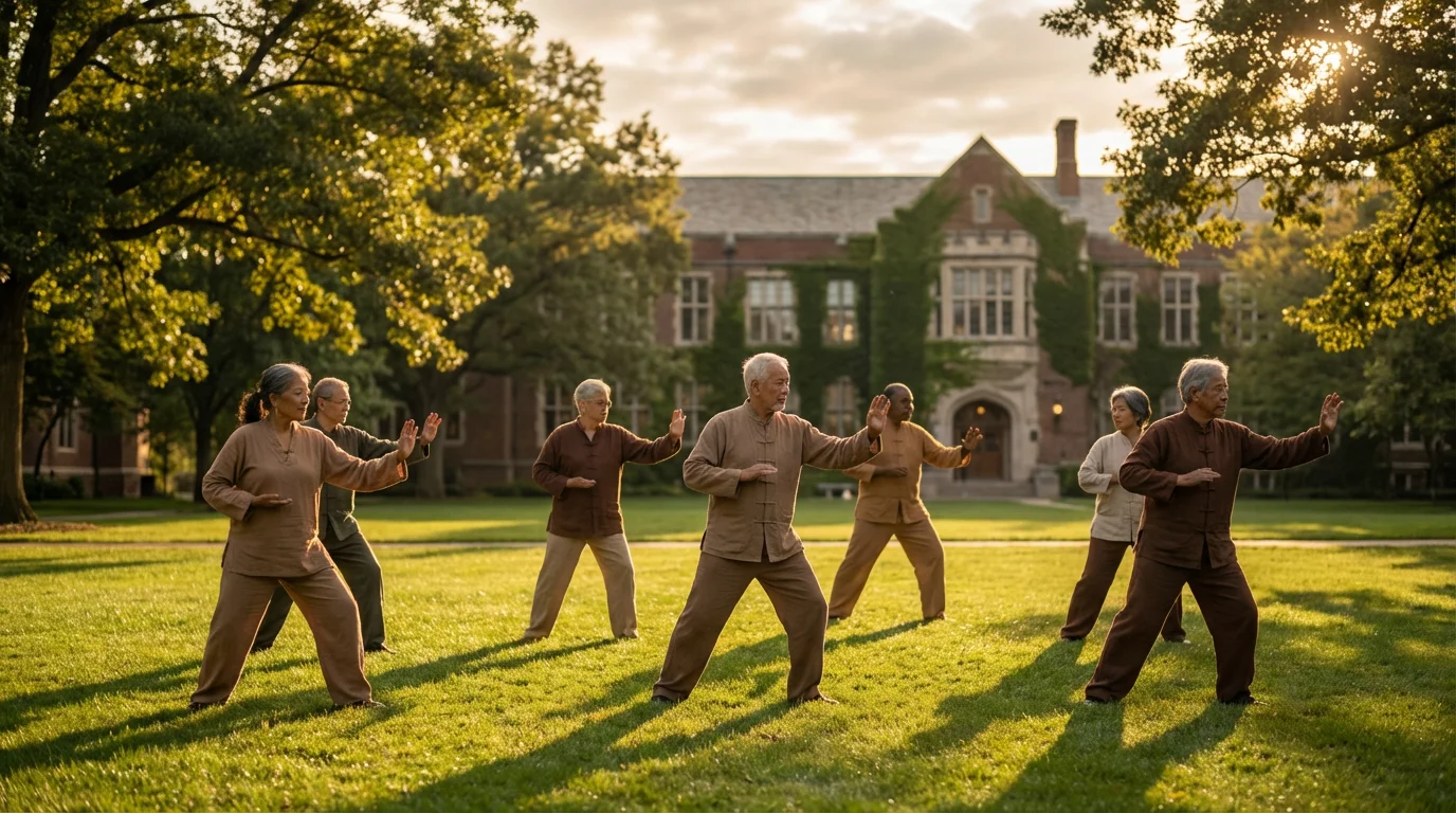 Active seniors practicing tai chi on a university lawn in the late afternoon sun.
