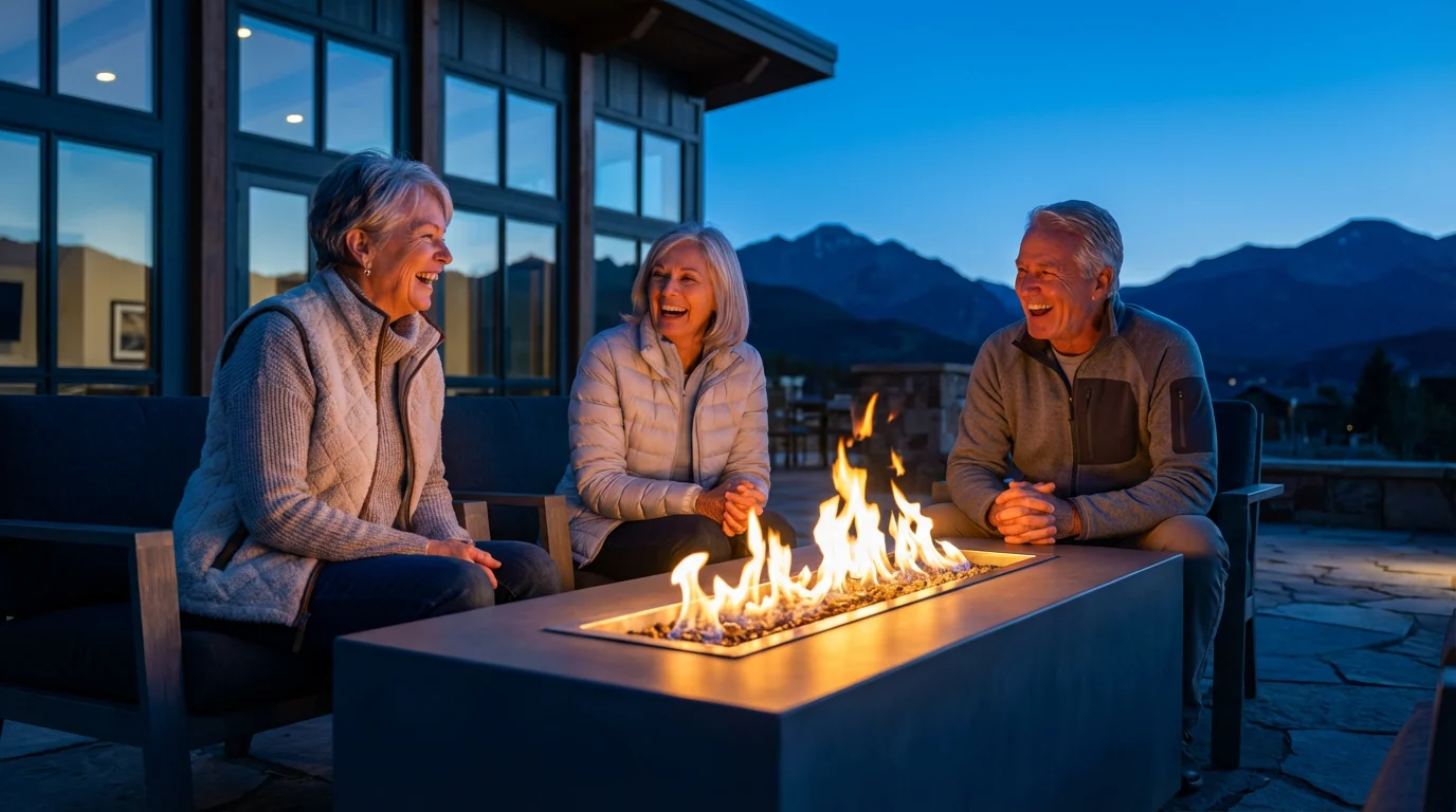 Active seniors socializing by a fire pit on a patio in the Colorado mountains.