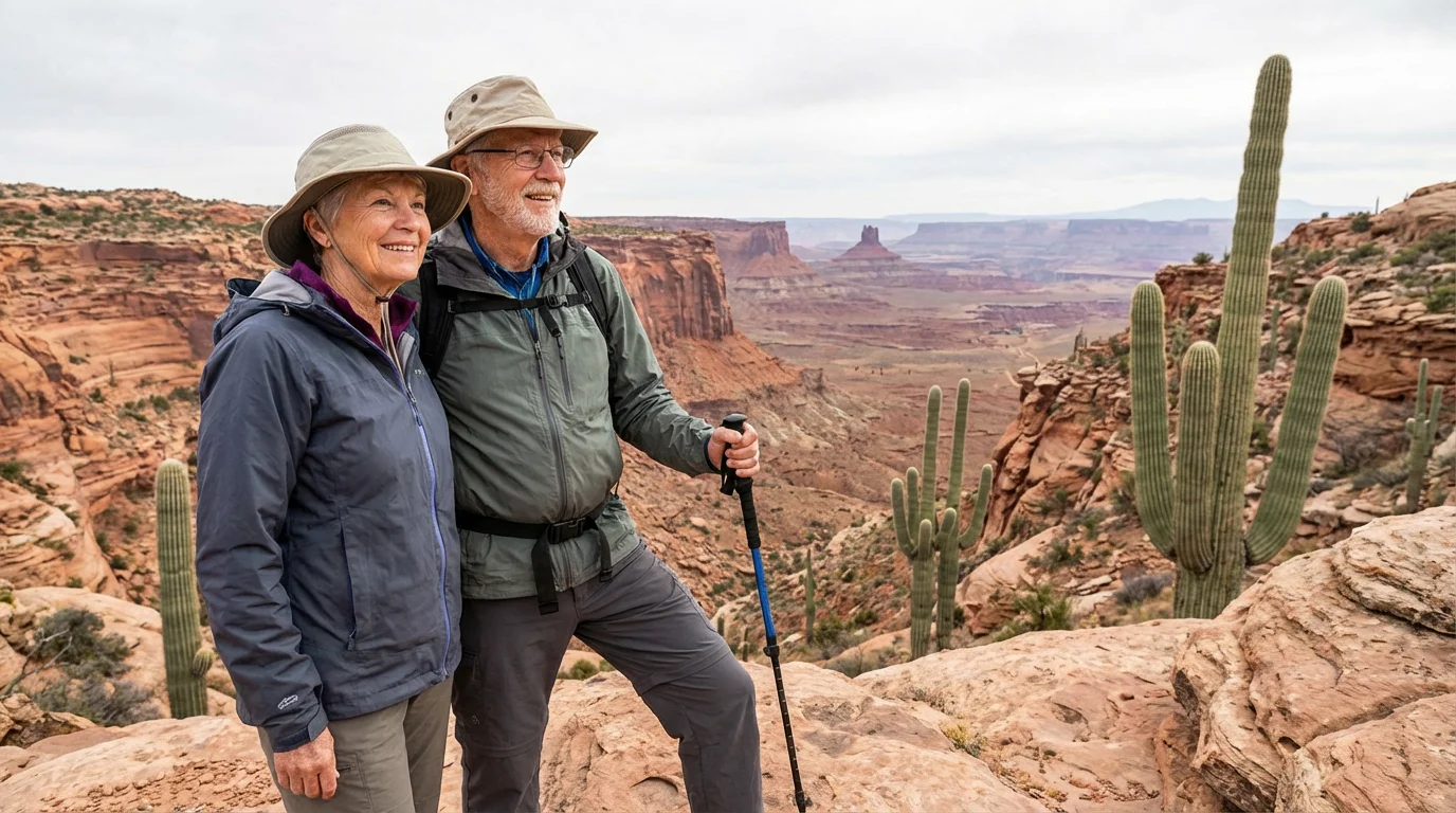 An active senior couple admiring a vast desert canyon vista from an overlook.