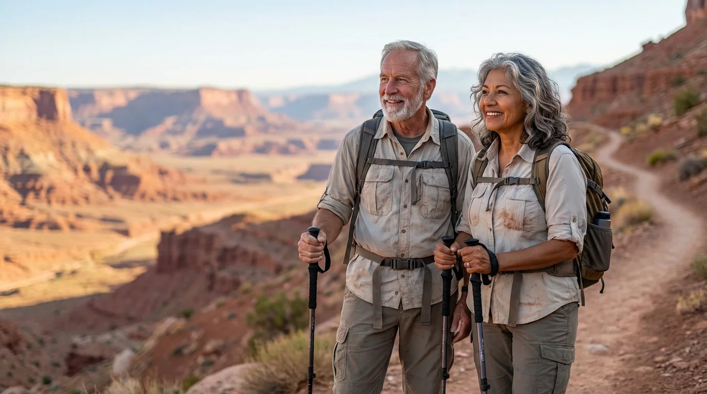 An active senior couple enjoys a morning hike in the Nevada desert mountains.
