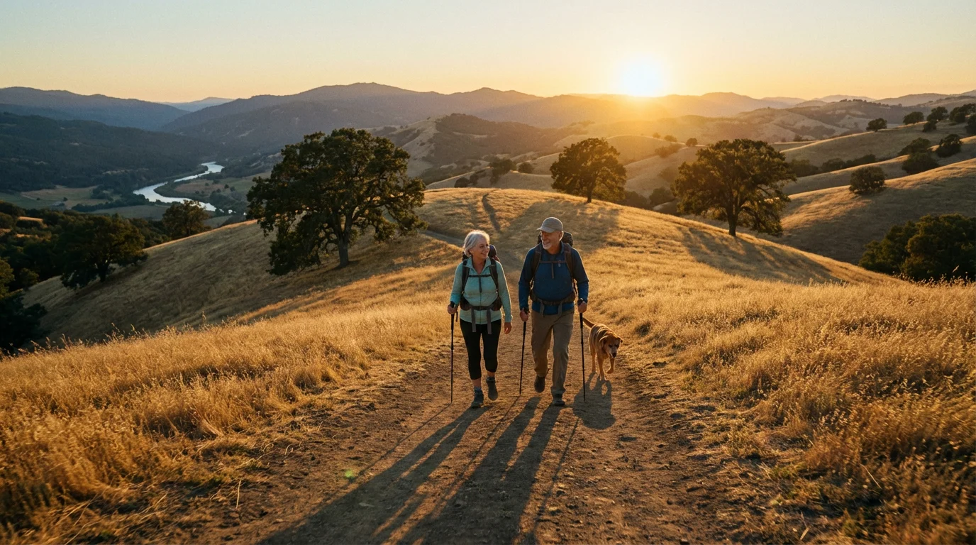 An active senior couple hiking on a beautiful, sunlit trail through rolling hills.