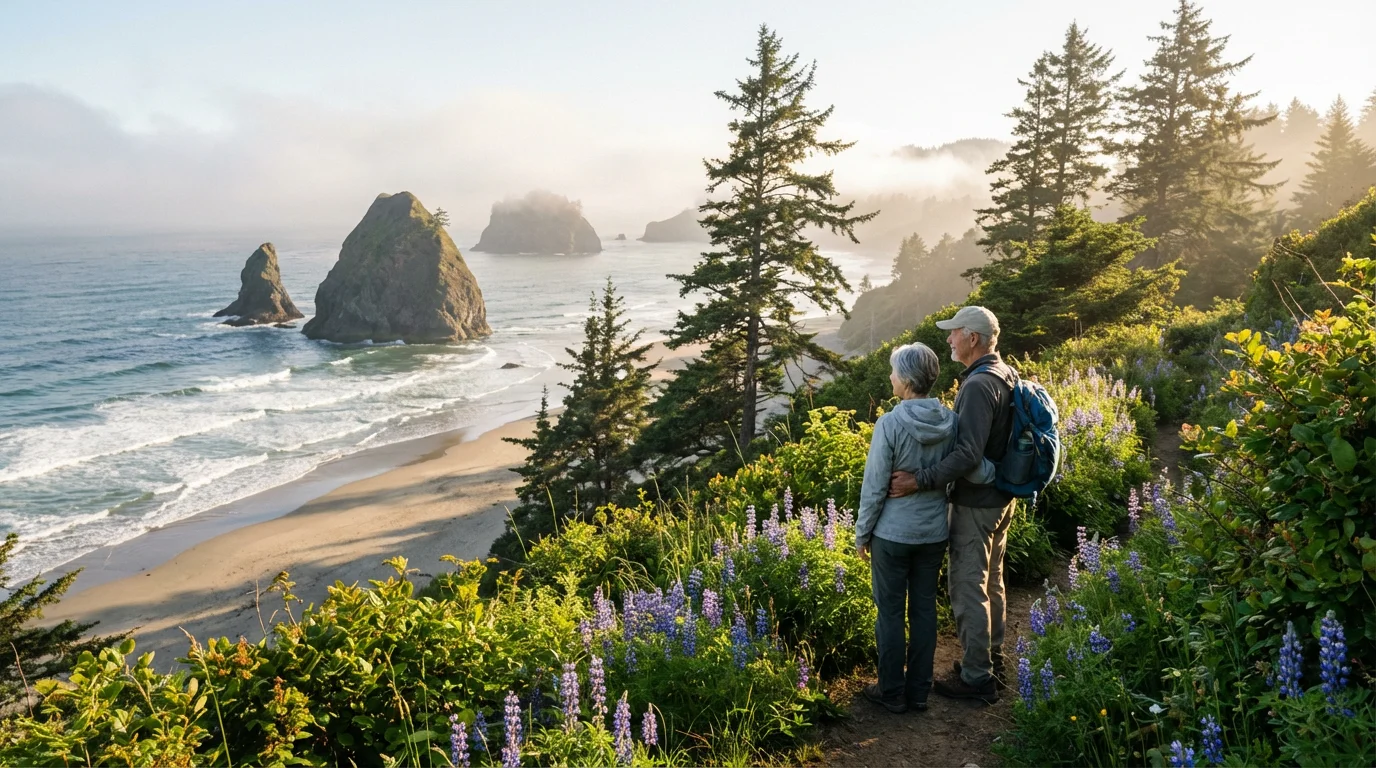 An active senior couple hiking on a cliff trail overlooking the Oregon coast.