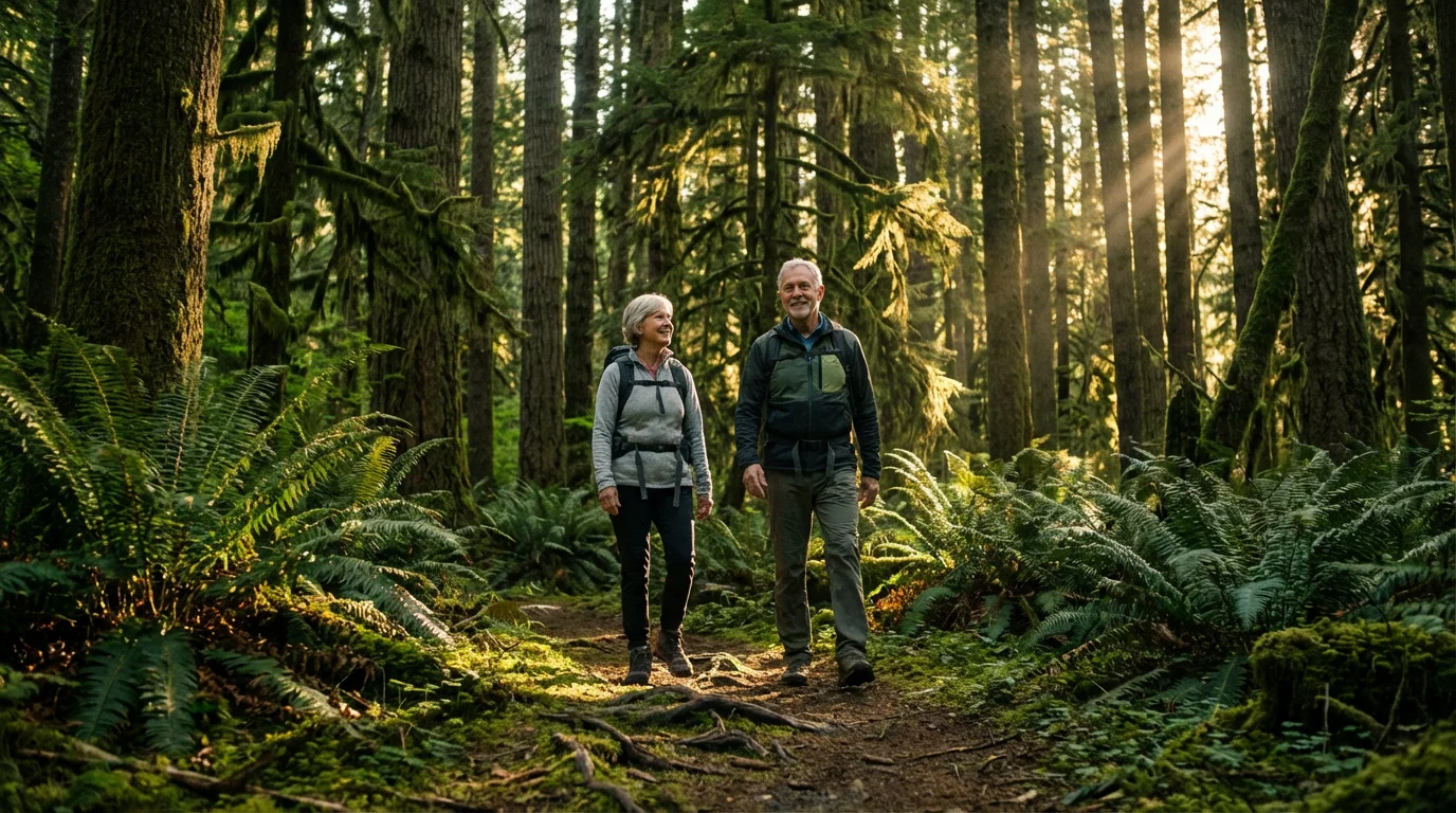 An active senior couple hiking on a sunlit path through a lush Washington forest.