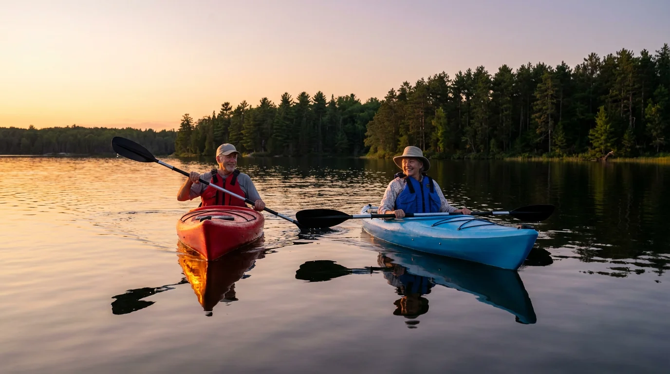 An active senior couple kayaking on a serene Michigan lake in the late afternoon.