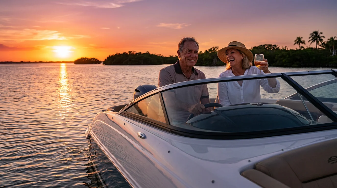 An active senior couple on a motorboat toasting during a Florida golden hour sunset.