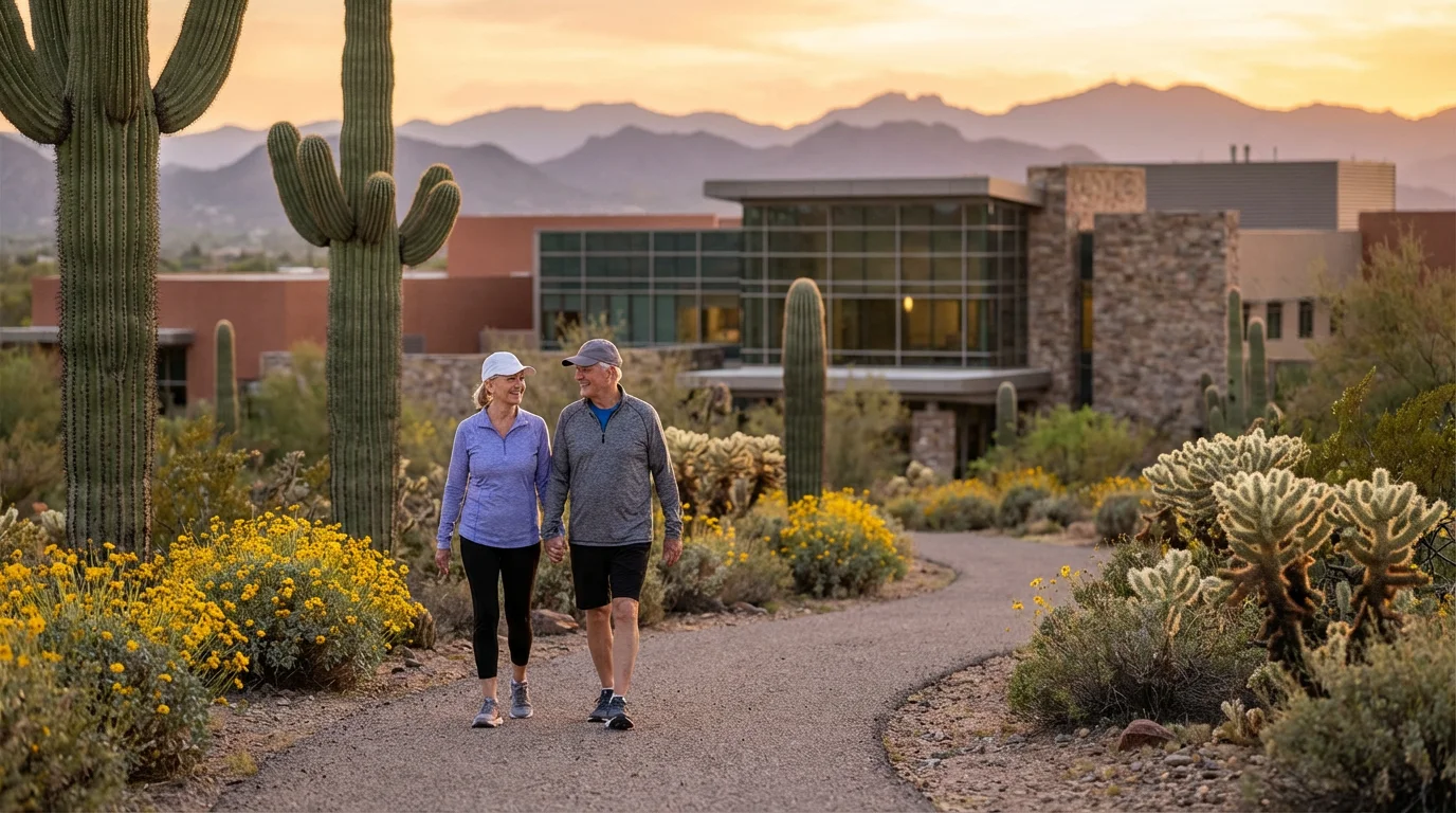 An active senior couple walking on a desert path with a modern Phoenix hospital behind.