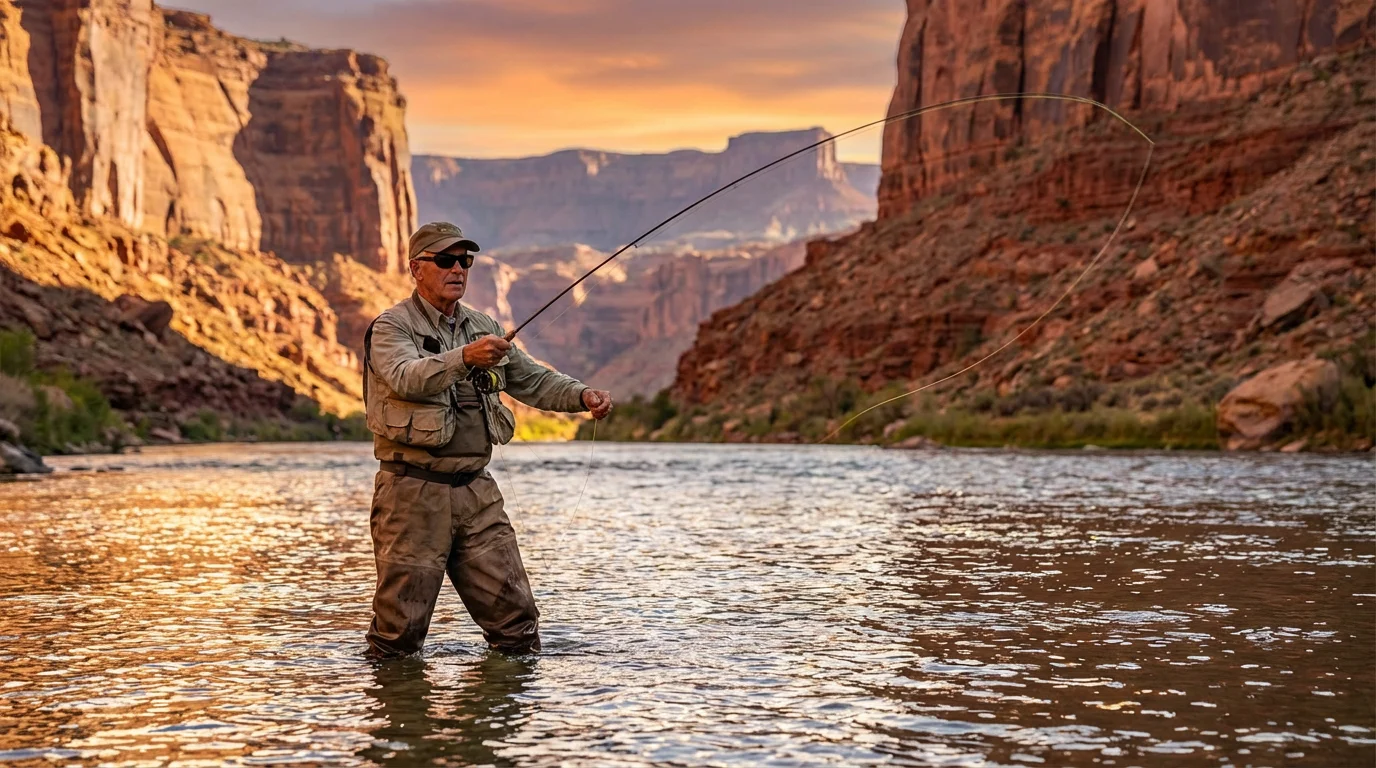 An active senior man fly-fishing in a Utah river with red rock cliffs during sunset.