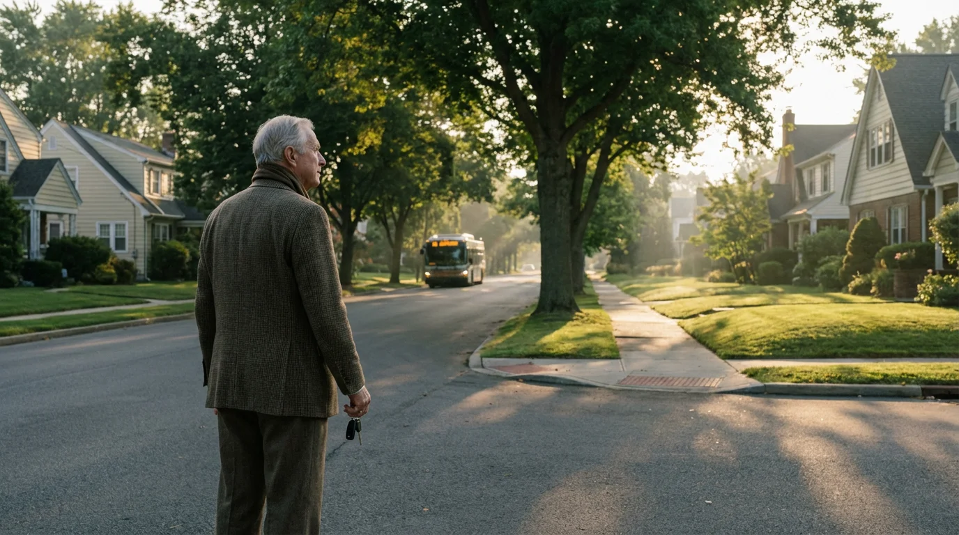 An elderly man holding car keys stands on a quiet street corner watching a bus.