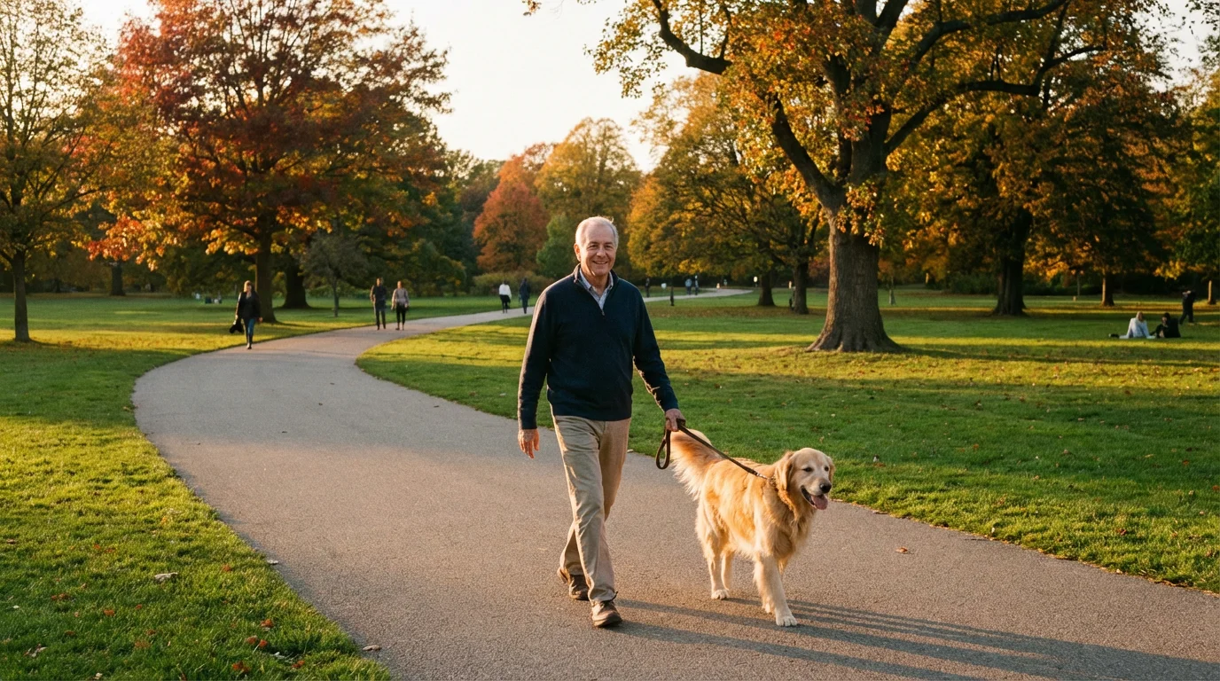 An elderly man volunteer walking a golden retriever in a park during golden hour.