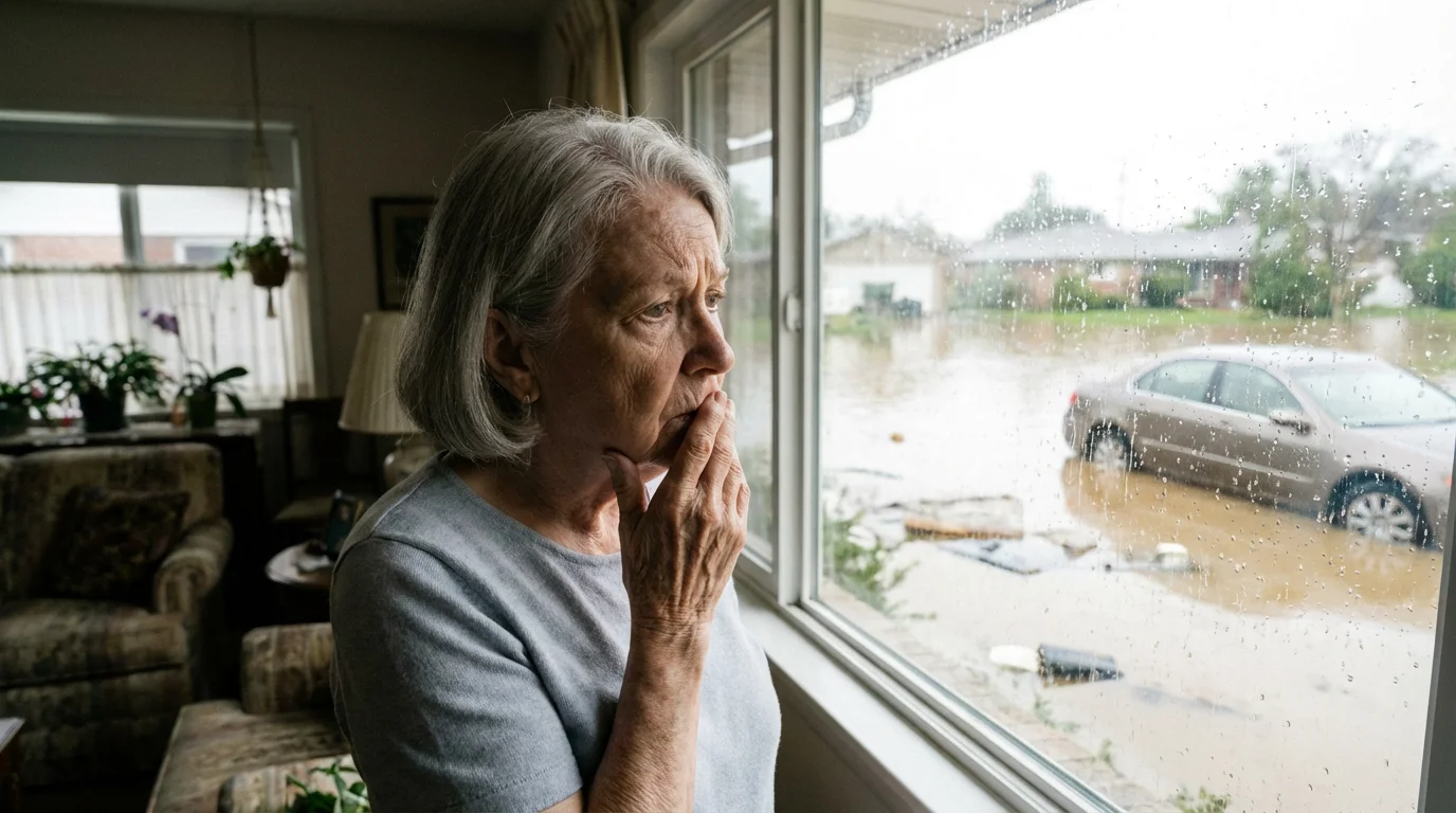 An elderly woman looks out her window at a residential street flooded by storm water.