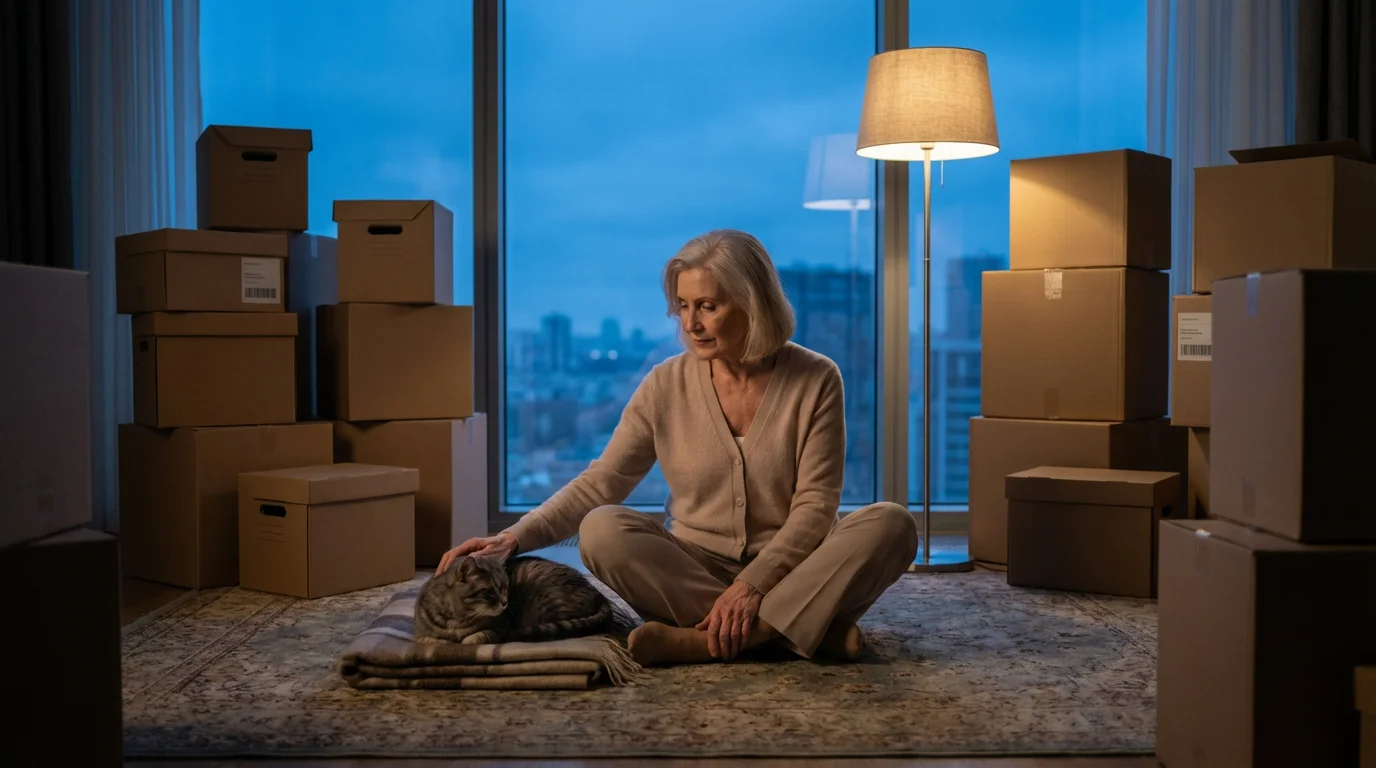 An elderly woman sits on the floor with moving boxes, petting her cat.