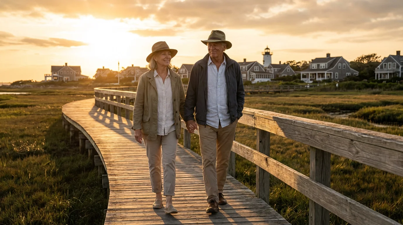 An elegant retired couple walking on a scenic coastal boardwalk at golden hour.