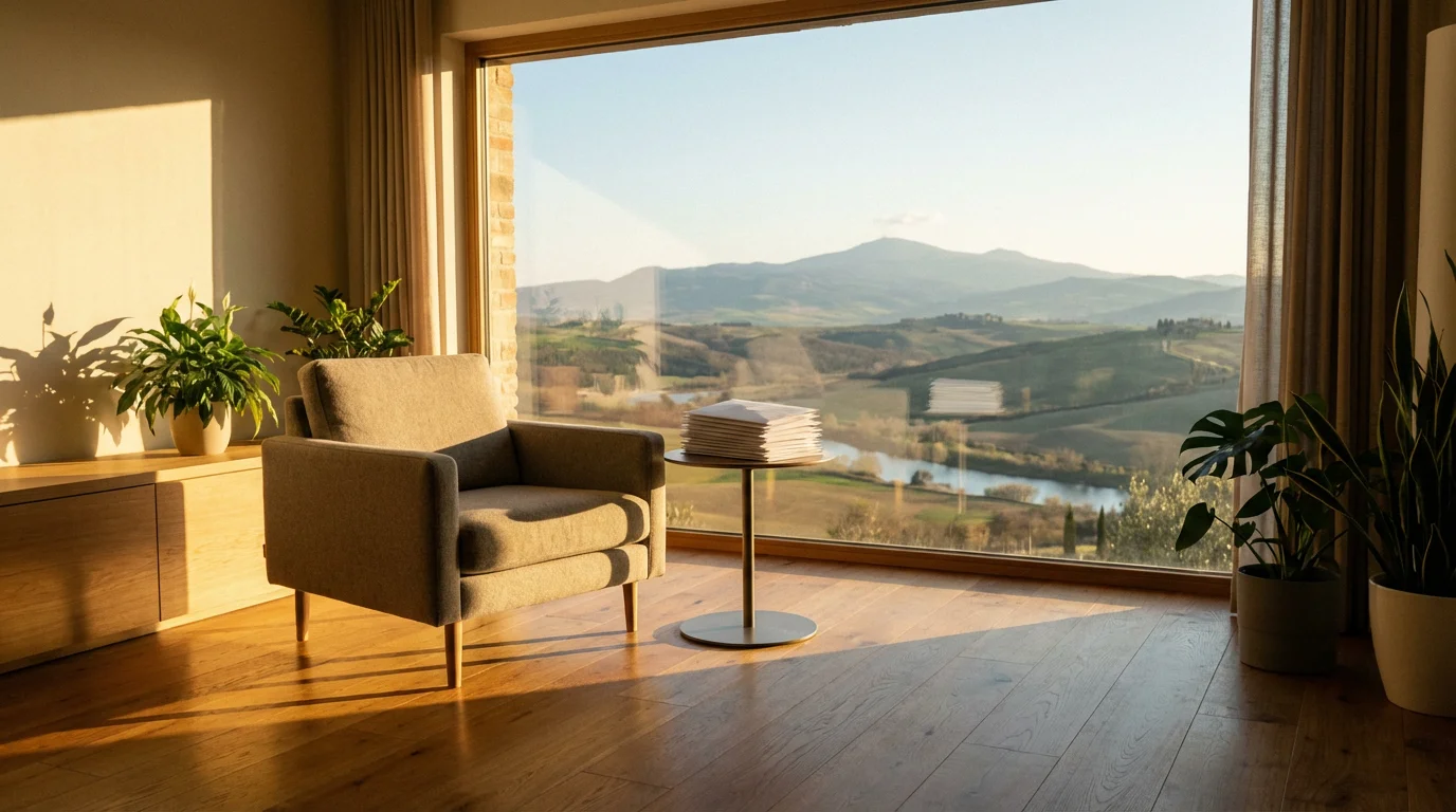 An empty armchair and envelopes by a window overlooking rolling hills at golden hour.