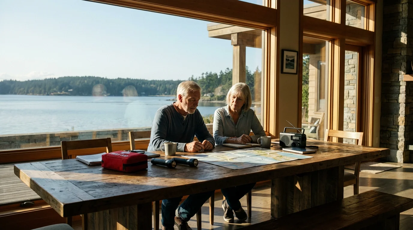 An older couple at a table with maps and emergency supplies planning for a hurricane.