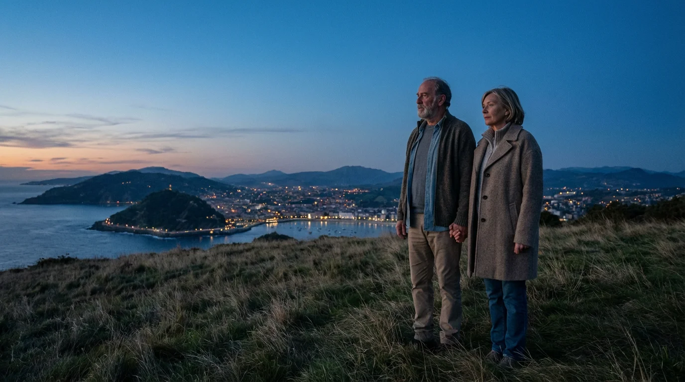 An older couple gazes thoughtfully at a coastal city from a hilltop at twilight.