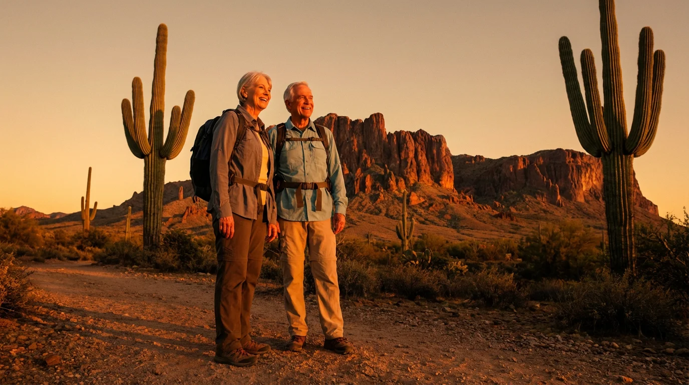 An older couple hiking on a desert trail in Arizona during a golden hour sunset.