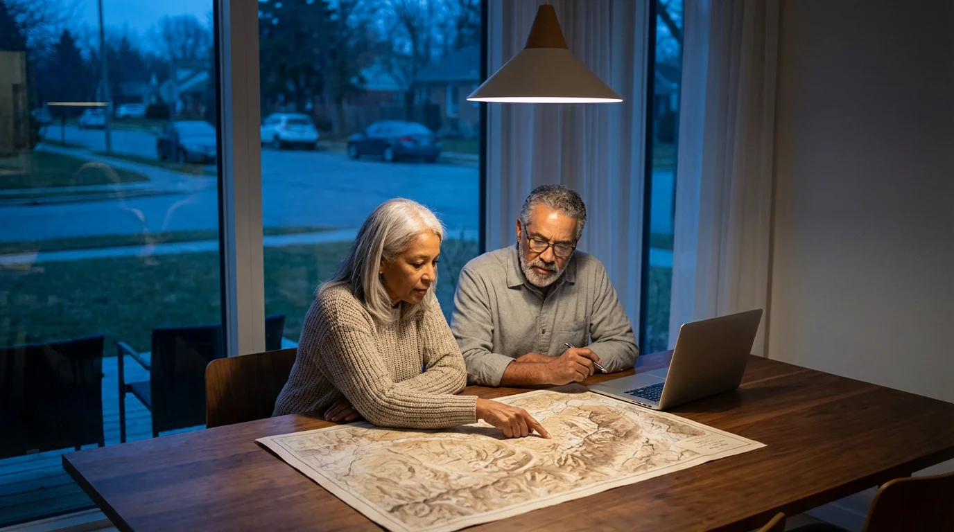 An older couple intently studies a large topographical map on a table at twilight.