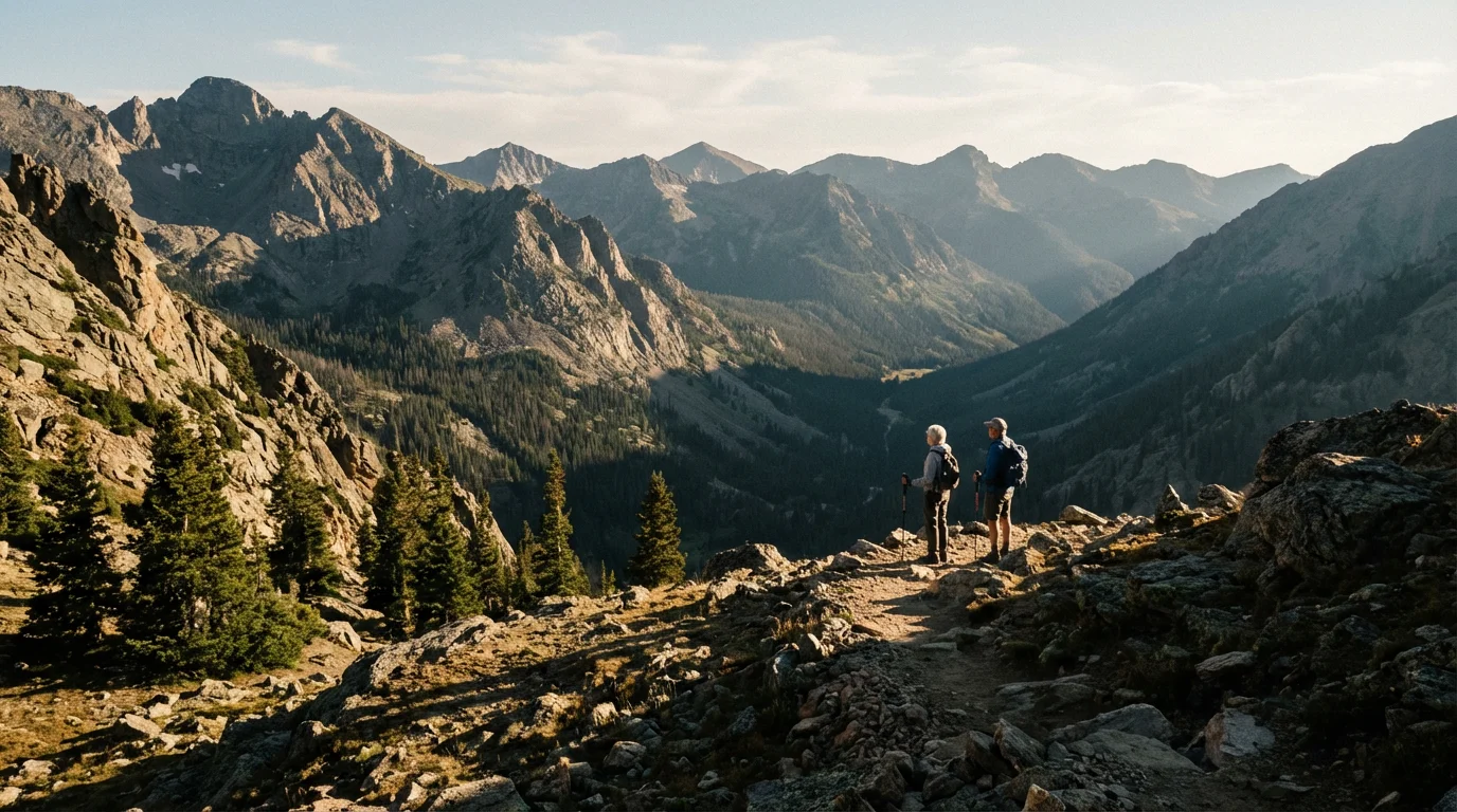 An older couple rests on a high-altitude mountain trail in the late afternoon.