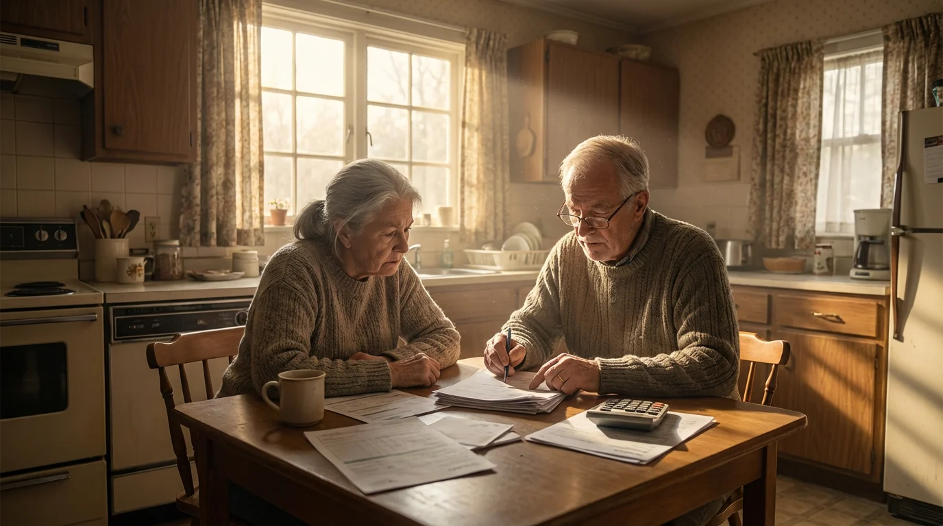 An older couple sitting at a kitchen table with bills, managing their household utility budget.