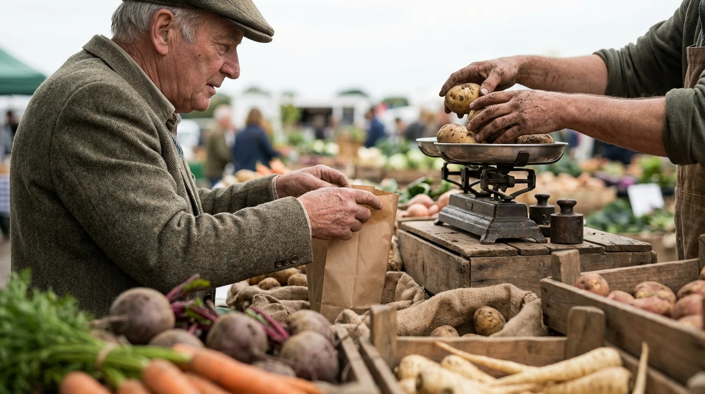 An older man from an over-the-shoulder perspective buying fresh potatoes at a farmers market.