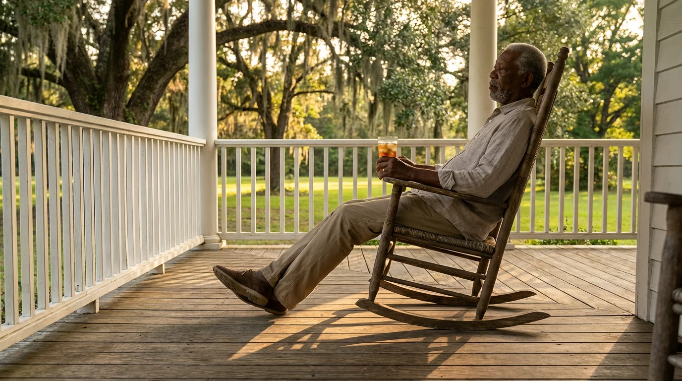 An older man relaxing in a rocking chair on a classic Southern porch.