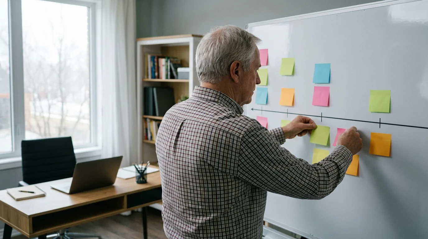 An older man seen from over the shoulder, planning a downsizing timeline on a whiteboard.