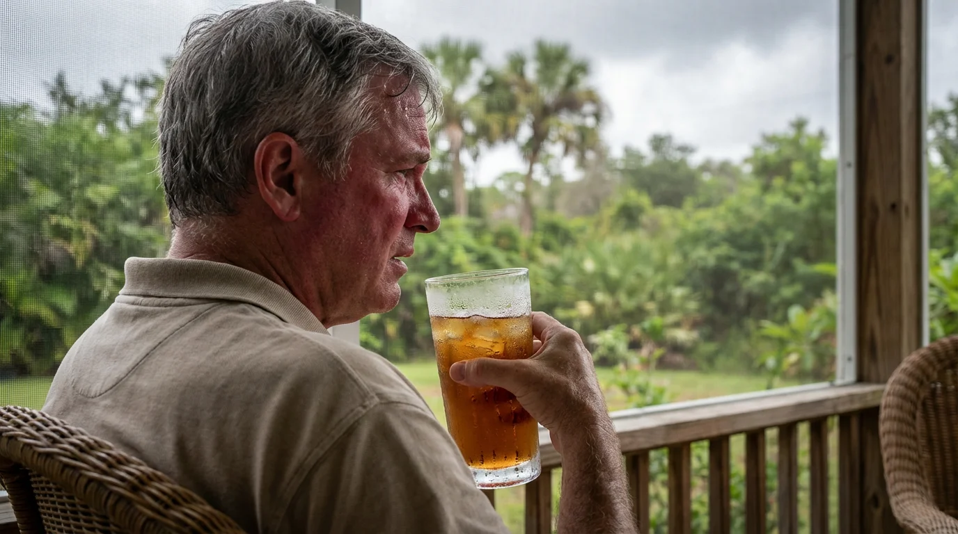 An older man sits on a porch on a humid day, holding a sweaty glass.
