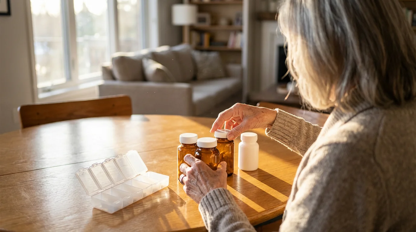An older person seen from over the shoulder, organizing prescription bottles at a sunlit table.