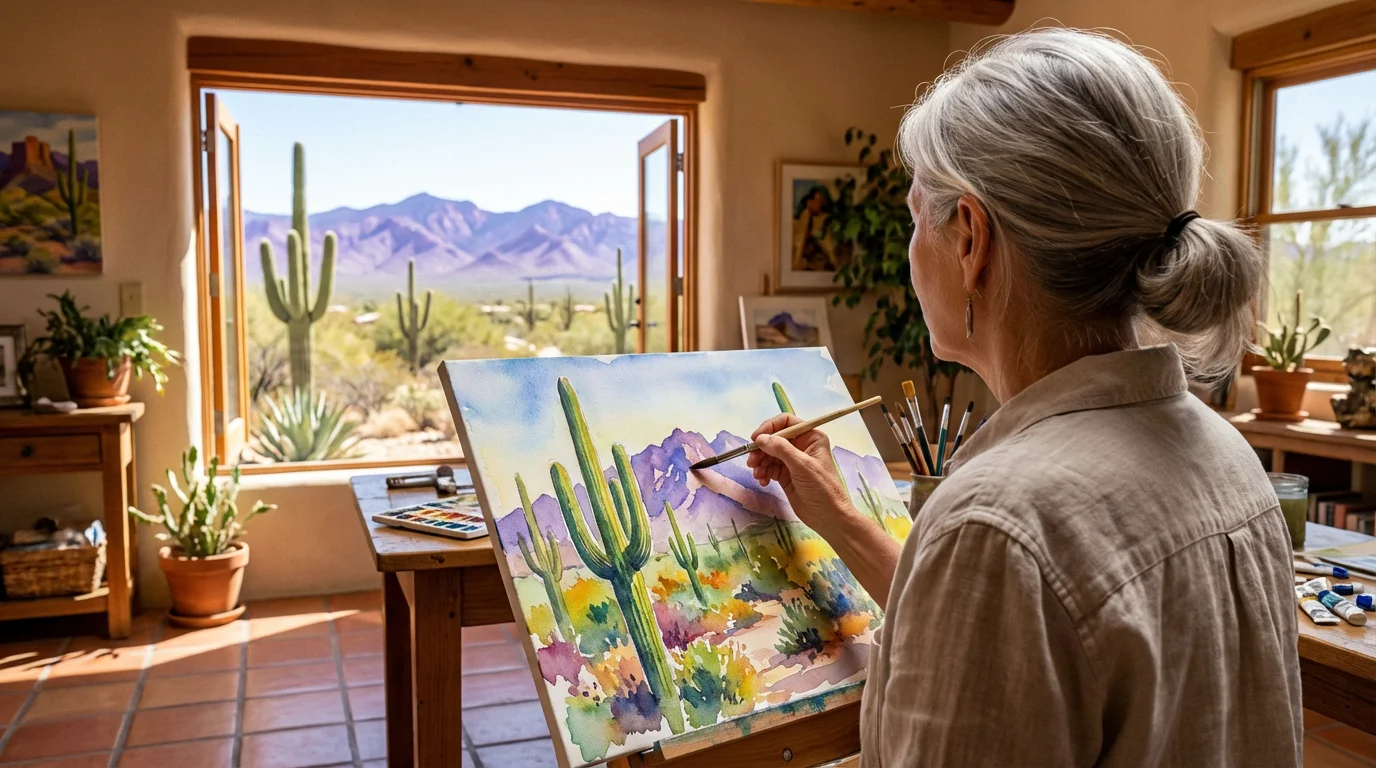 An older woman in a sunlit studio painting a desert landscape with saguaro cacti.