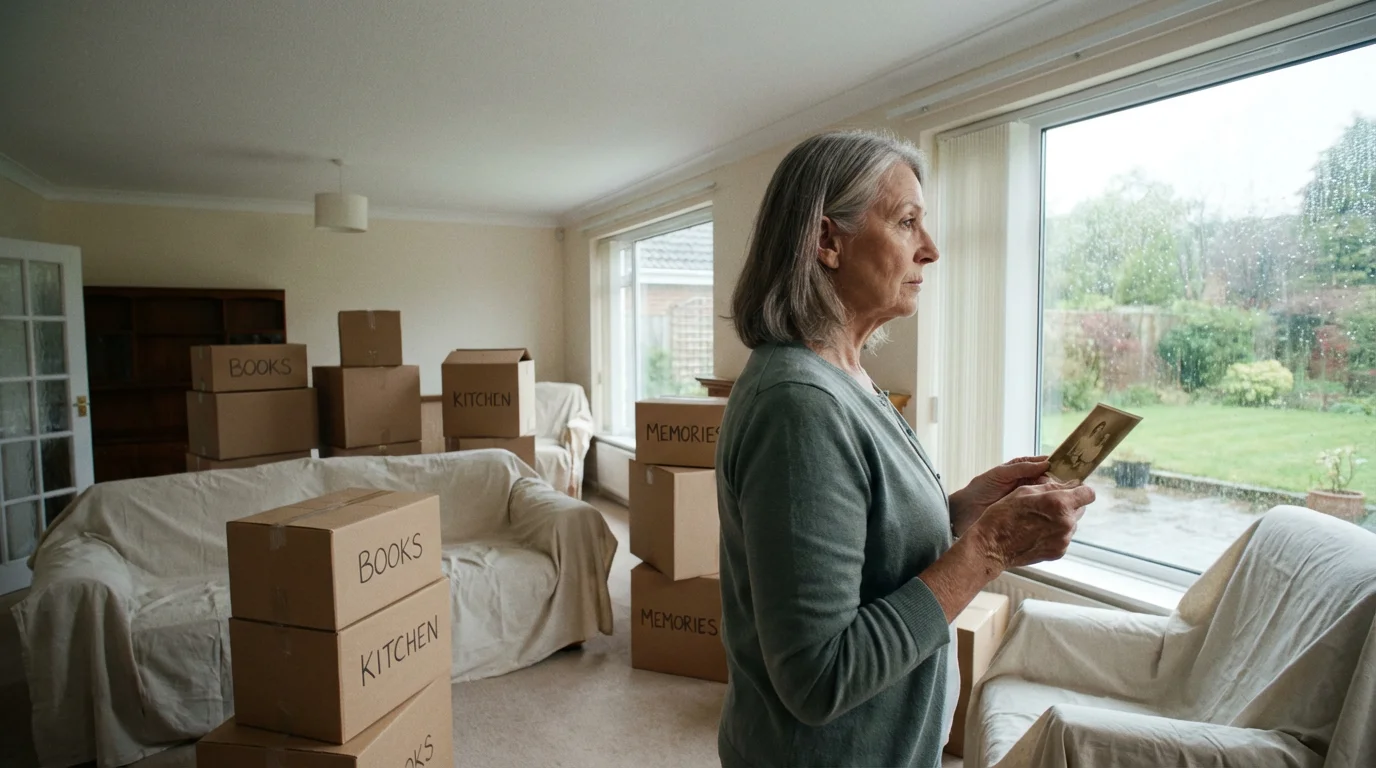An older woman stands thoughtfully in a room filled with moving boxes, holding a photograph.