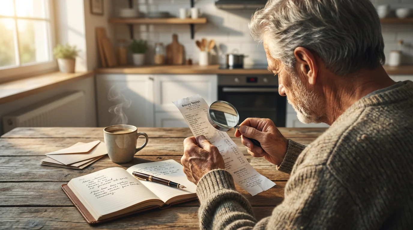 An over-the-shoulder view of a senior man at a table reviewing finances during golden hour.