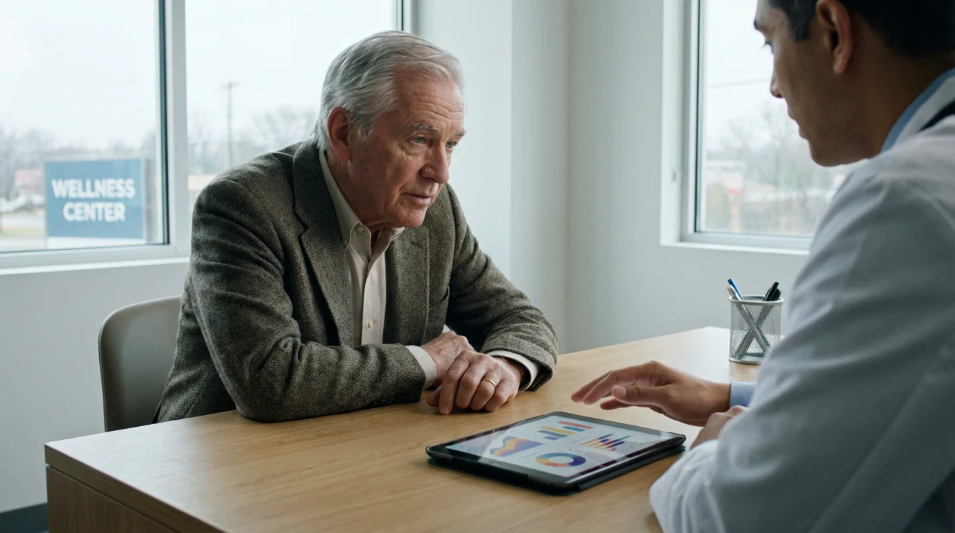 An over-the-shoulder view of a senior man discussing medical information on a tablet with a doctor.