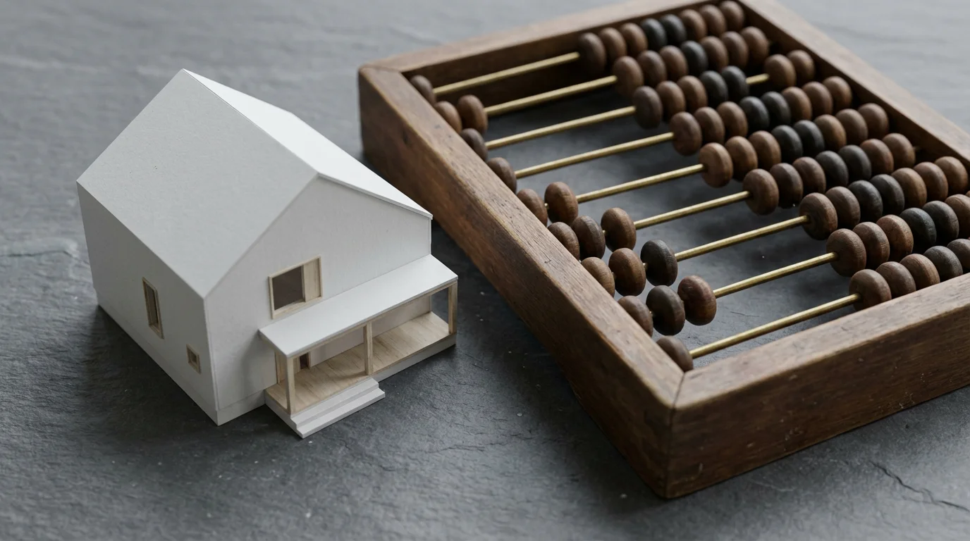 Architectural house model next to a wooden abacus, symbolizing property tax calculation.