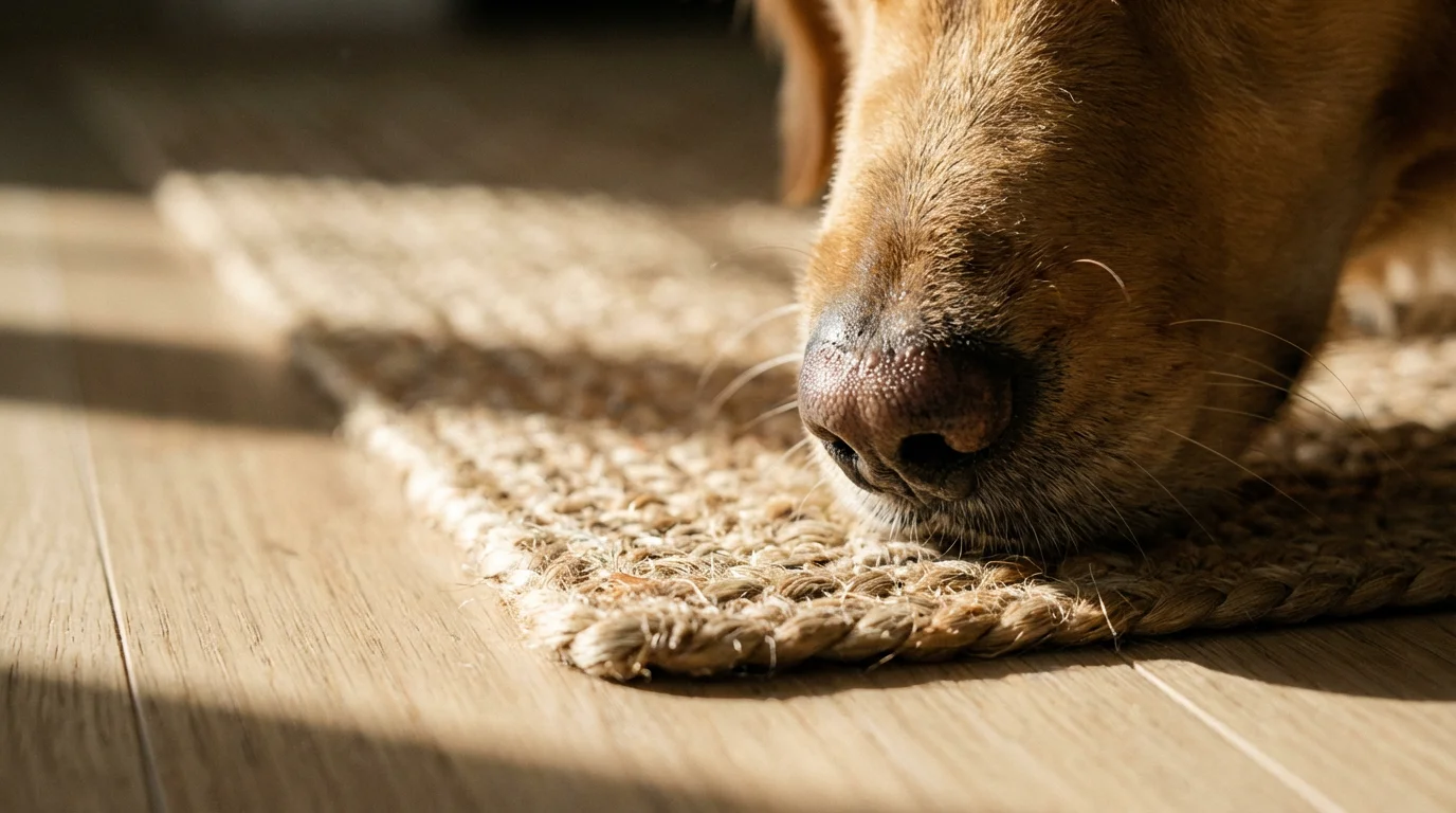 Close-up macro photo of a dog's nose sniffing a new woven rug indoors.