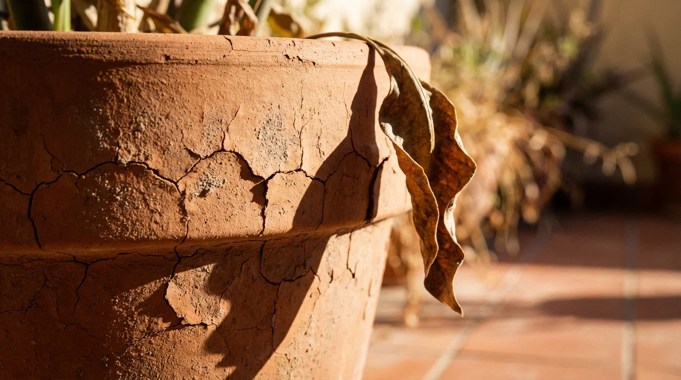 Close-up macro photo of a dry terra cotta pot and wilted leaf.