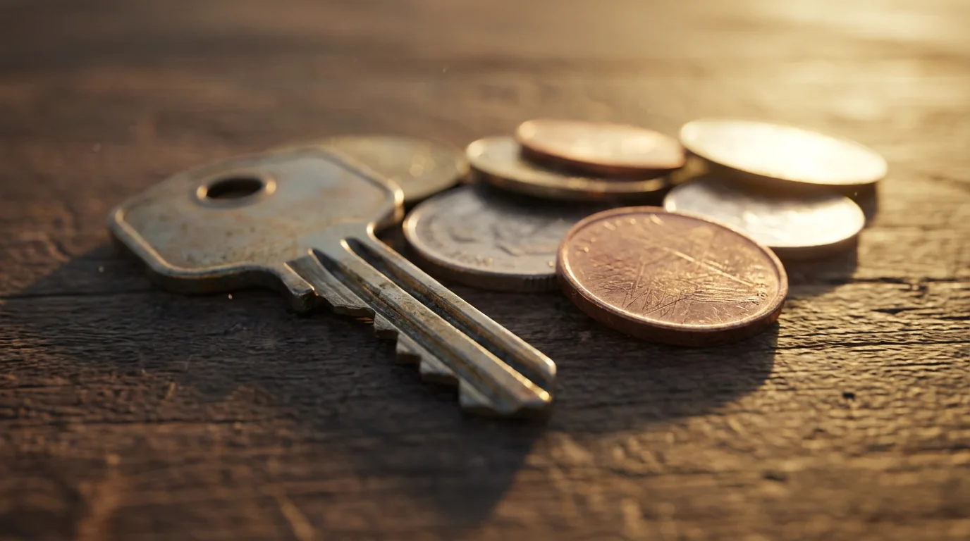 Close-up macro photo of a house key and coins on a wooden surface.