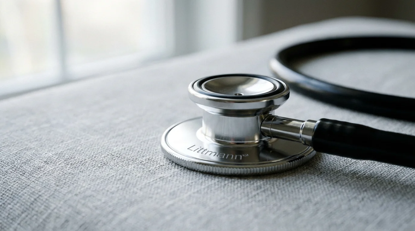 Close-up macro photo of a modern stethoscope diaphragm on a clean, calm surface.