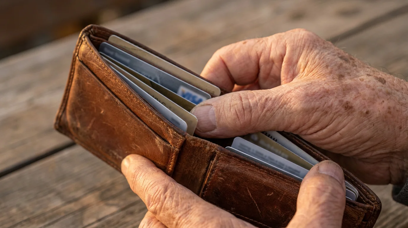 Close-up macro photo of a senior's hand holding open a leather wallet with cards.