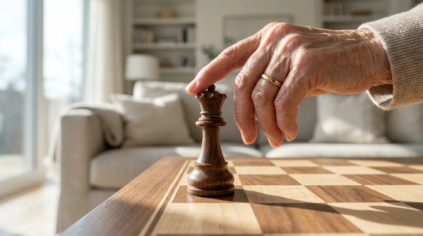 Close-up macro photo of a senior's hand moving a wooden chess piece on a board.