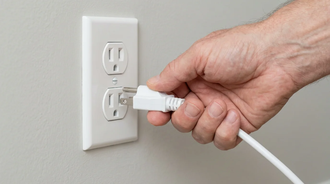 Close-up macro photo of a senior's hand plugging an electrical cord into a wall outlet.