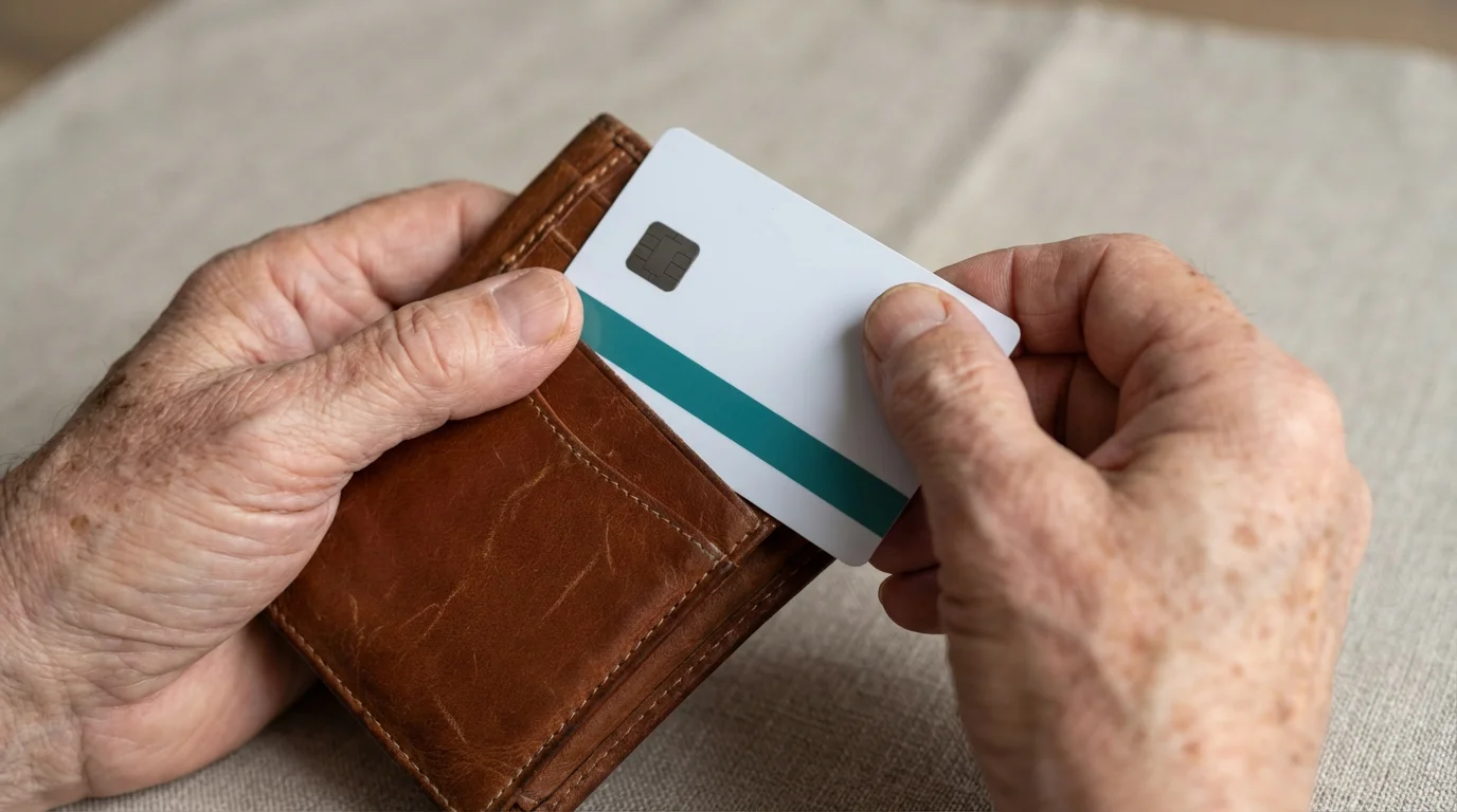 Close-up macro photo of a senior's hands holding a generic health insurance card.