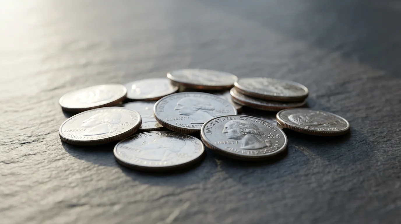 Close-up macro photo of a small pile of shiny U.S. coins on a slate countertop.