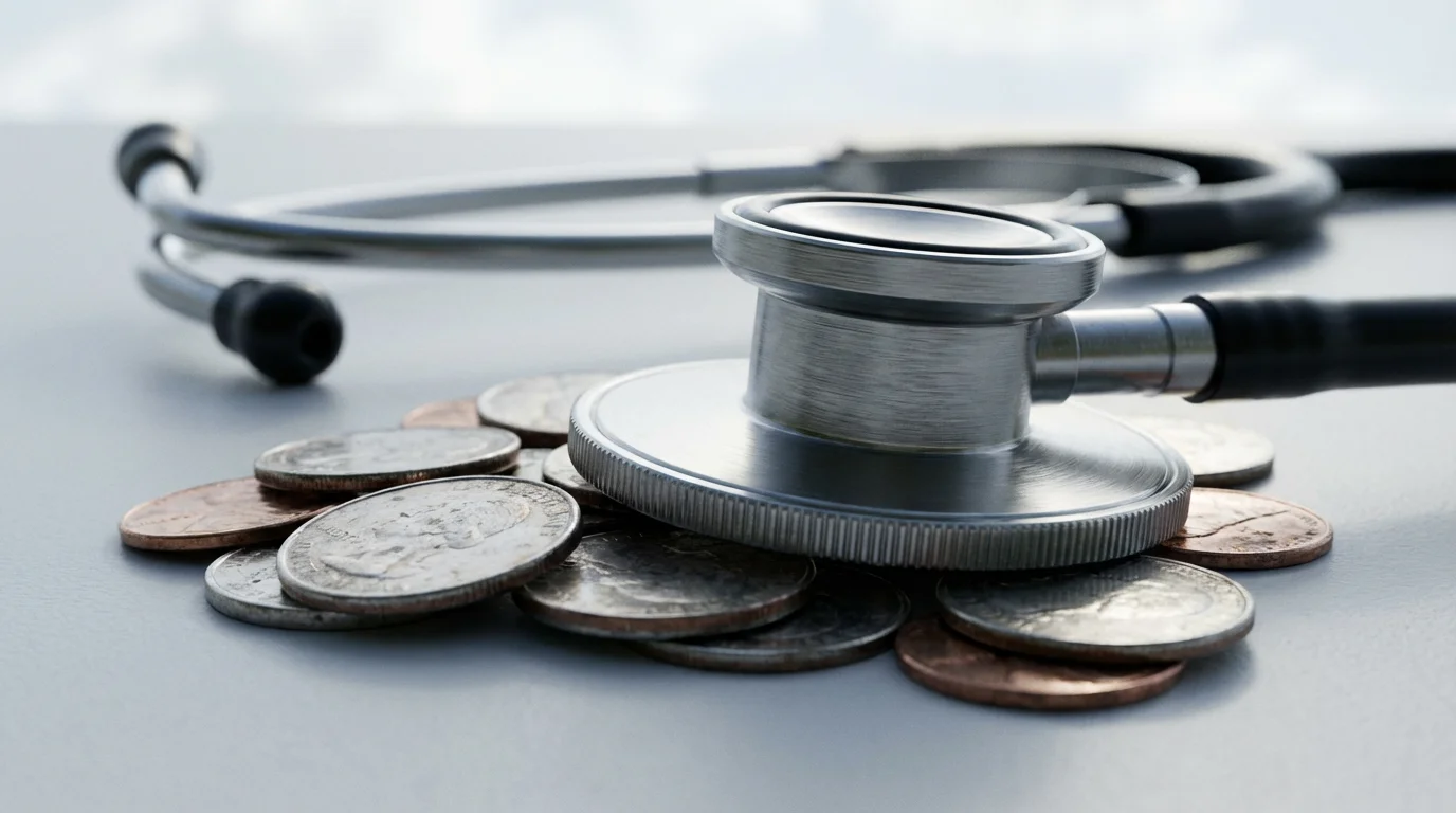 Close-up macro photo of a stethoscope resting on a pile of coins.