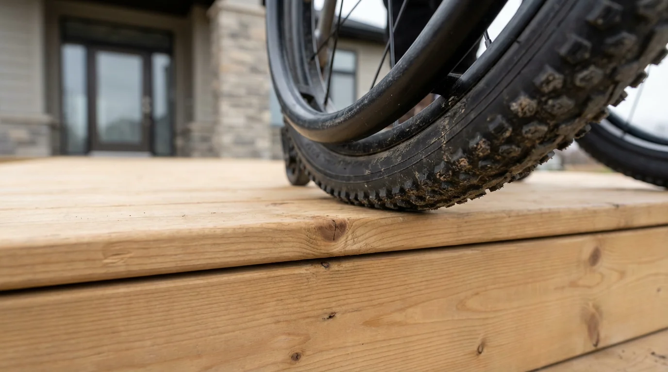 Close-up macro photo of a wheelchair wheel on a new wooden accessibility ramp.
