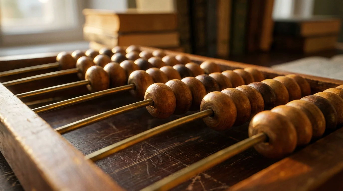Close-up macro photo of a wooden abacus in warm golden hour light on a desk.