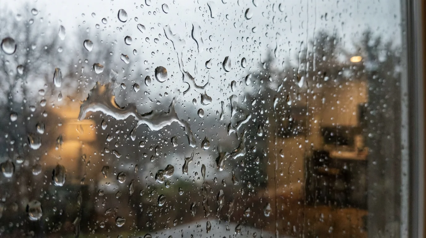 Close-up macro photo of condensation droplets on a window with a blurred rainy day outside.