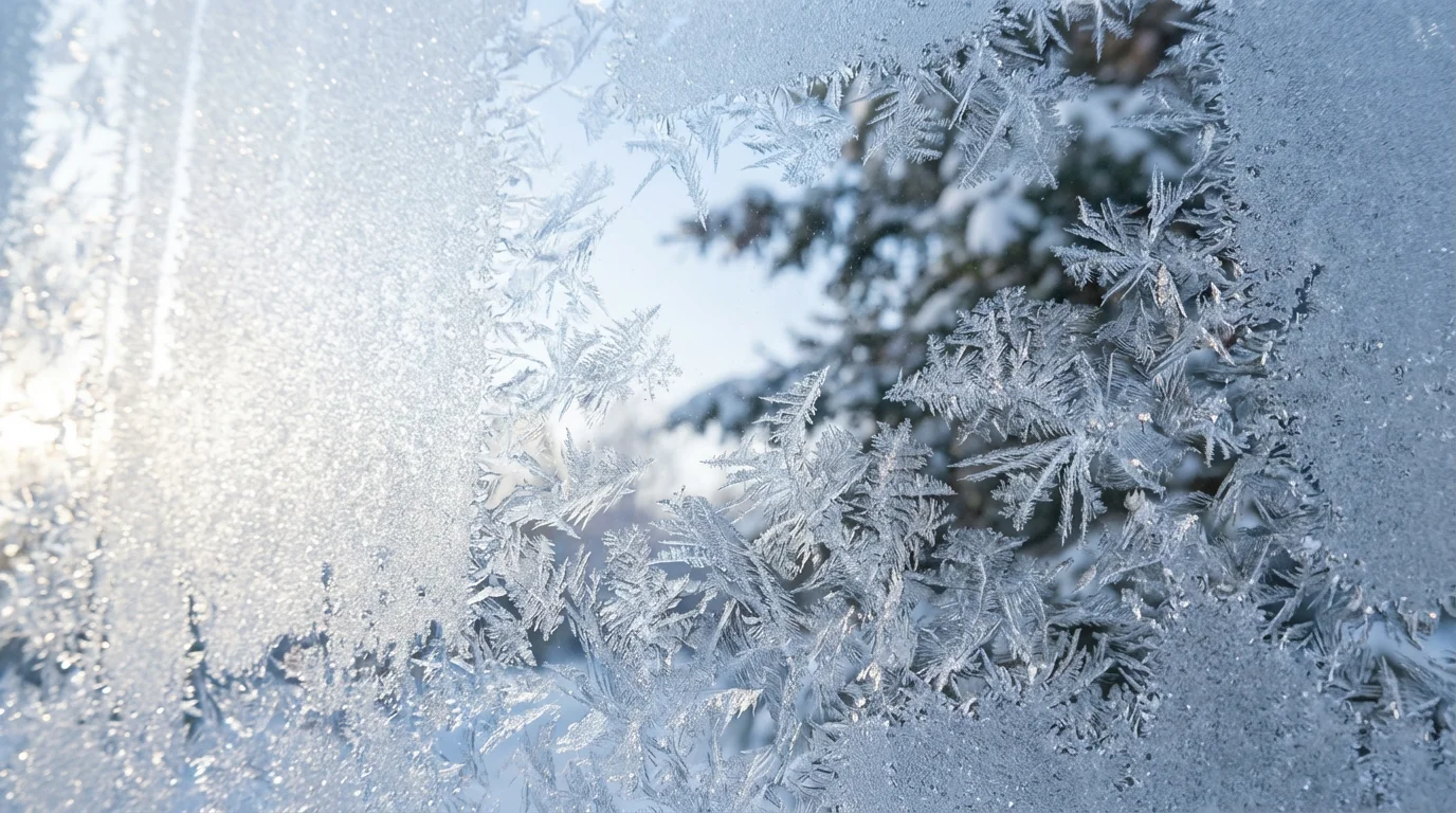 Close-up macro photo of delicate frost patterns on a cold windowpane in winter.